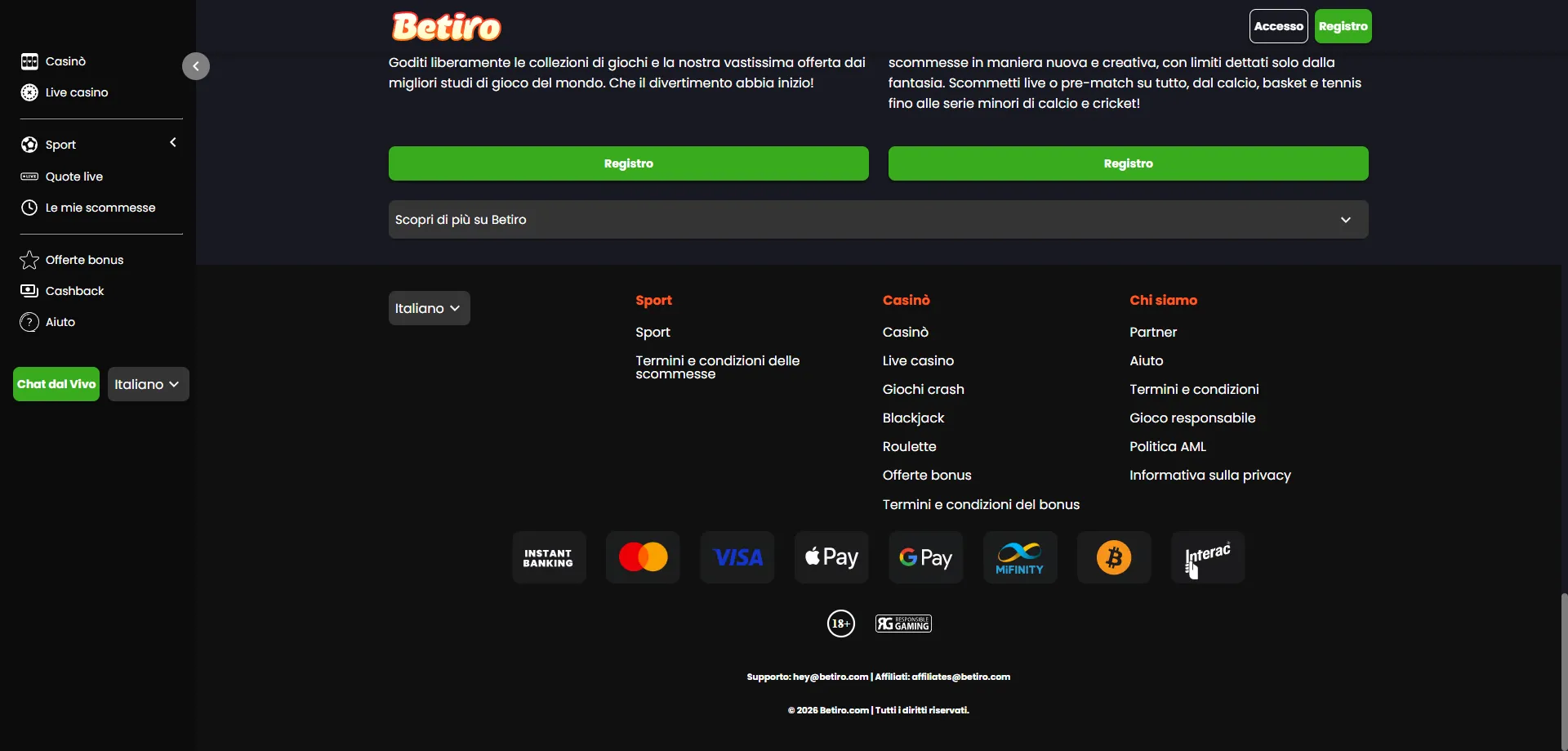 Live casino con dealer reali su Betiro Casino Italia