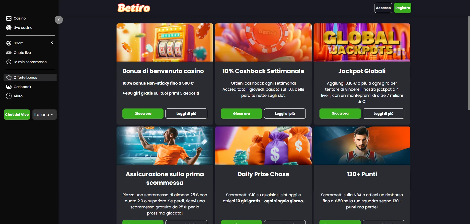 Betiro Casino bonus di benvenuto 100% fino a €500 + 400 giri gratis