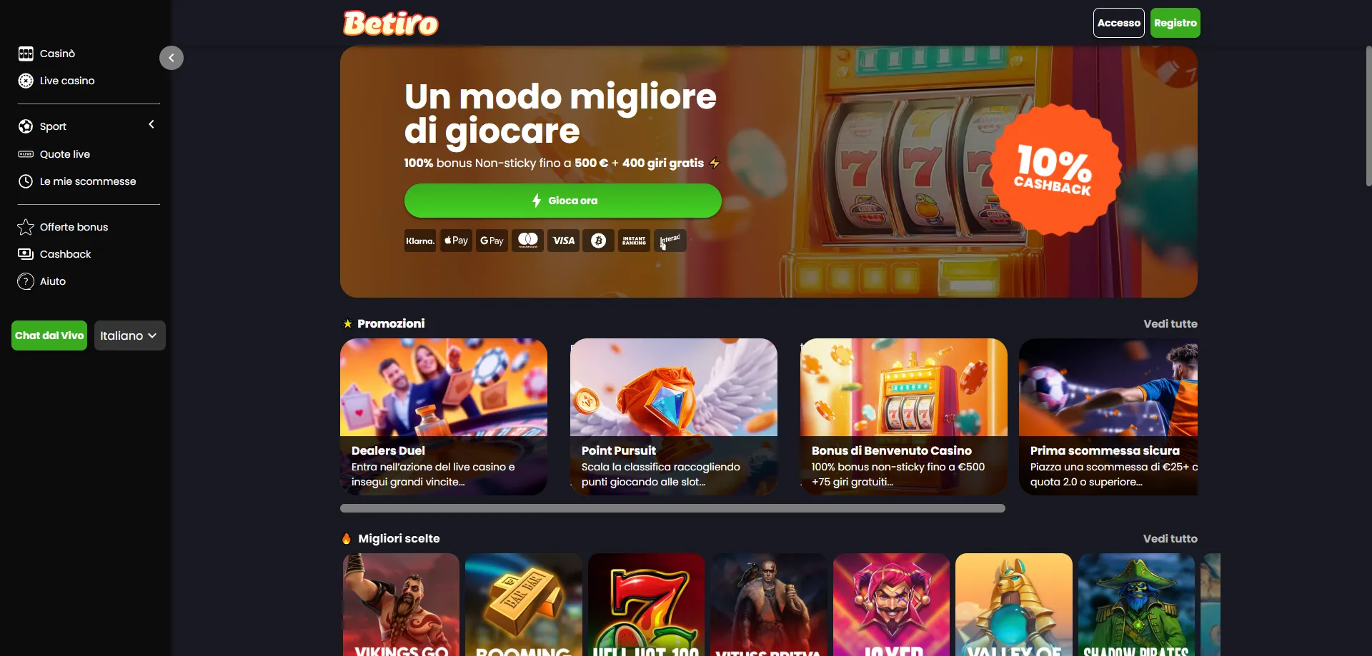 Lobby di Betiro Casino con slot, live casino e giochi da tavolo